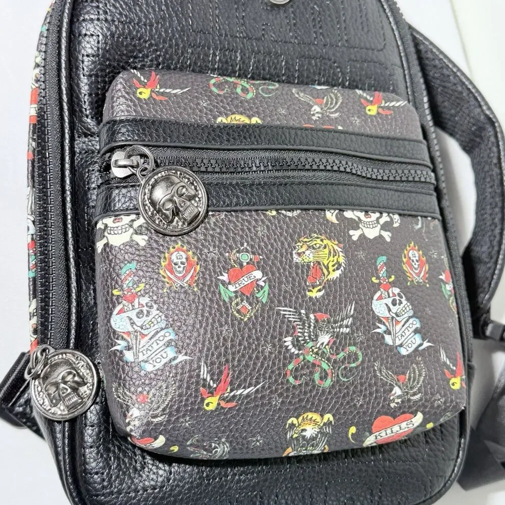 Ed Hardy Black Faux Leather Tattoo Print Mini Backpack/Sling Crossbody Bag NWT